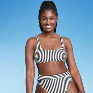 Xhiliration Black & White Striped Metallic Bikini